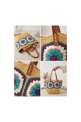 Myzumax El Örgüsü Motifli Kağıt İp Kadın Omuz Çantası Deri Askılı, Boho / Bohemian Tasarım Plaj Ve Günlük Çanta Bej