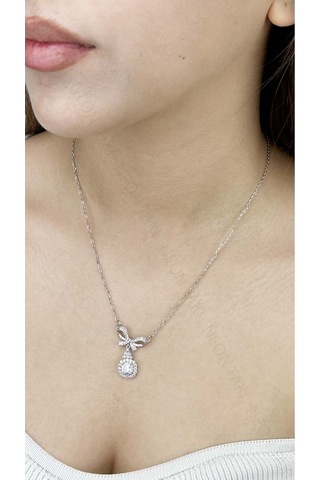 Zirkon Taşlı, Kurdela Figürlü, Tek Taşlı, Kolye 358, Paslanmaz Çelik Kolye Gümüş