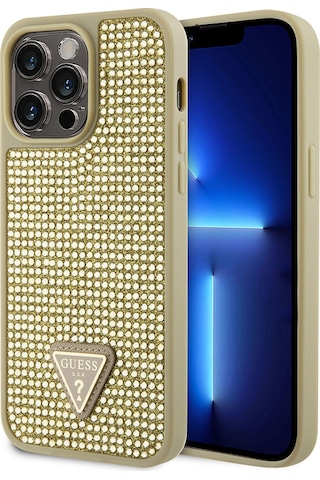 Apple iPhone 13 Pro Max Uyumlu Kılıf Guess Lisanslı Taşlı Arka Yüzey Üçgen Logolu Kapak Gold