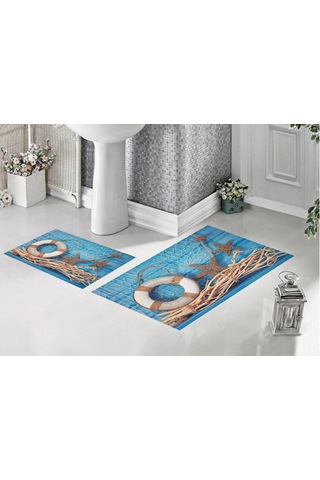 Yıkanabilir 2'li Modern Banyo Paspası Banyo Halısı Dijital Baskılı Kaymaz Banyo Dekoru 100x60 Cm Ve 60 40 Cm Bej - Krem - Mavi