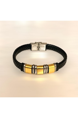 Gold&siyah Deri Ve Çelik Mixli Trend Erkek Bileklik 21 Cm Siyah - Altın