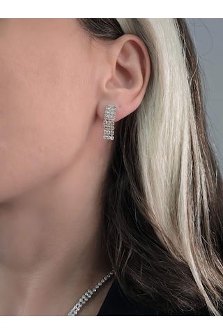 Eva Takı Store Kristal Taşlı Su Yolu Model Yılbaşı - Abiye - Düğün -event Kolye Küpe Set Silver Gümüş