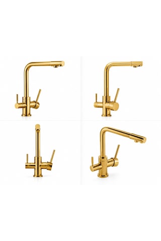 3 Yollu Musluk Su Arıtma Musluğu Gold Üç Yollu Çoklu Musluk Altın Rengi Mutfak Bataryası