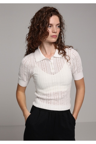 Colin's Colins Slim Fit Polo Yaka Düz Kadın Ekru Kısa Kol Kazak Cl1077499 Q1.v1 Ecr Ekru