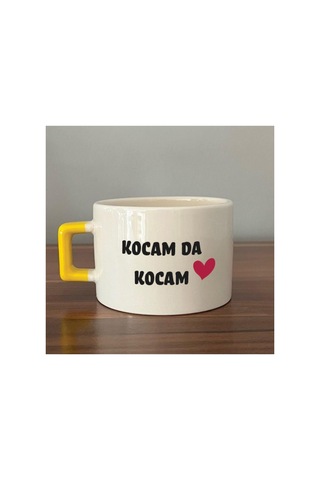 Kocam Da Kocam Baskılı Sarı Kulplu Kare Kupa - Sevgililer Günü Hediyesi Bardak Fincan Mug Sarı Kulp