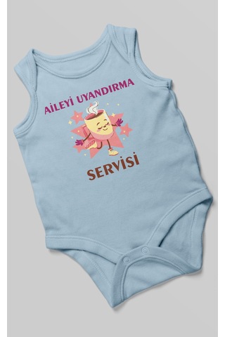 Aileyi Uyandırma Servisi Baskılı Bebek Zıbını Çıtçıtlı Body %100 Pamuk Sıfır Kol Bebe Mavisi