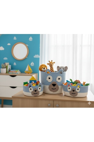 Bluey Orgnizer Sepet Takımı Çocuk Odası Kordon İpten Açık Mavi