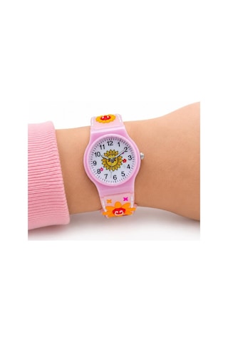 Kız Çocuk Pembe Çiçek Desenli Silikon Kordon Analog Kol Saati St-304441 Beyaz