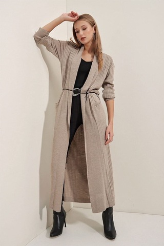 Onno Style Women Standart Beden Uzun Triko Fitilli Kadın Ceket Bej