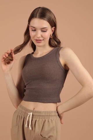 Chıcnhappy Kaşkorse Kumaş Halter Yaka Kadın Bluz Koyu Kahve - Kadın