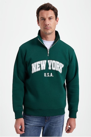 Tudors Erkek Relax Fit Rahat Kesim Pamuklu Yarım Fermuarlı Baskılı Haki Sweatshirt-42316 Haki