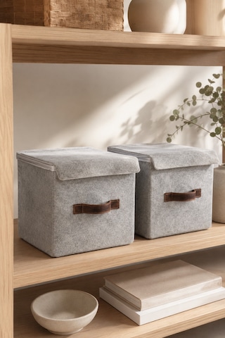 2'li Gri Keçe Kapaklı Küp Kutu Seti 25 X 25 X 25 Cm Deri Kulplu, Katlanabilir, Düzenleyici Kutu