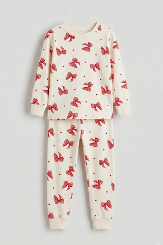 Ekru Renk Kırmızı Fiyonk Baskılı Kız Çocuk Pijama Takımı Ekru