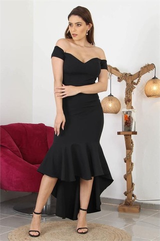 Dipmoda Kadın Kayık Yaka Düşük Omuz Eteği Volanlı Abiye Elbise Swll01 Siyah