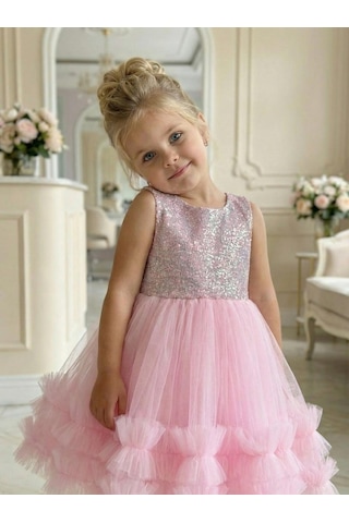 Butikhappykids Kız Çocuk Pembe Payetli Volanlı Tüllü Prenses Abiye Elbise 1-5 Yaş Pembe