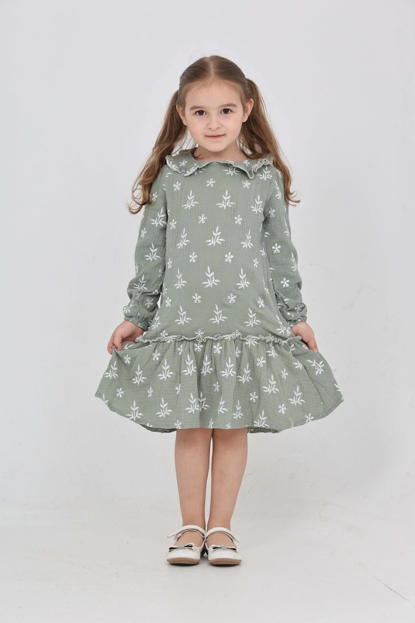 Toontoy Kız Çocuk Çiçek Nakışlı Bebe Yaka Elbise Açık Yeşil