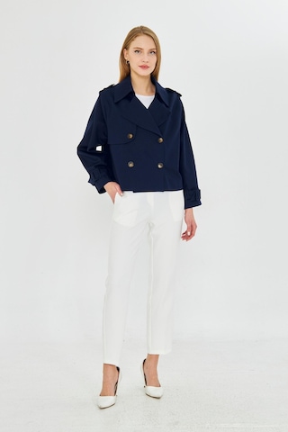 Pastelastore %100 Pamuk Gabardin Astarlı Oversize Geniş Kalıp Kadın Crop Kısa Trençkot 1122 Lacivert