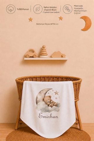 Kız Bebek Hediyesi İsme Özel 80x80 Cm Çift Kat Penye Bebek Battaniyesi %100 Pamuk Ham Bez Kıyafet Keseli 1051bk3x Ekru