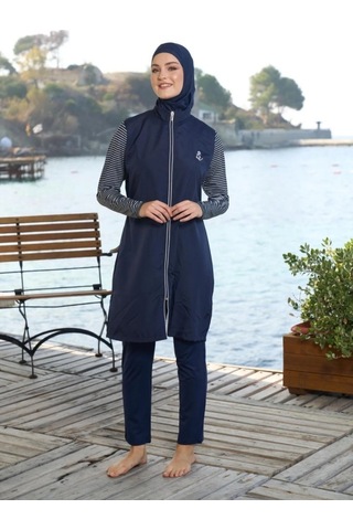 Estiva 25950 Lacivert Marin Fermuarlı Desenli Tam Boy Tesettür Mayo Lacivert