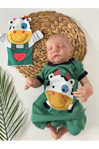 İnek Animal Baskılı Soğuk Yeşil Bebek Tulum Kukla Hediyeli Yeşil
