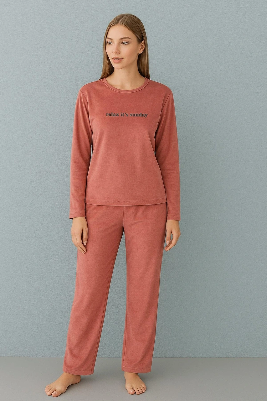Mihra Kadın Kışlık Bisiklet Yaka Kadife Pijama Takımı 13166p - 1 Adet Pudra