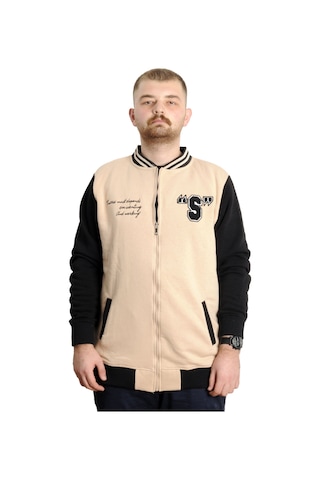 Mode Xl Büyük Beden Erkek Kolej Mont Baskılı Ceket 23631 Bej Bej