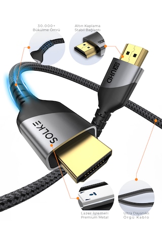 Solke Hdmı 2.1 Kablo 8k 60hz 4k 120hz 48gbps Ultra High Speed Örgülü Alüminyum 2 M