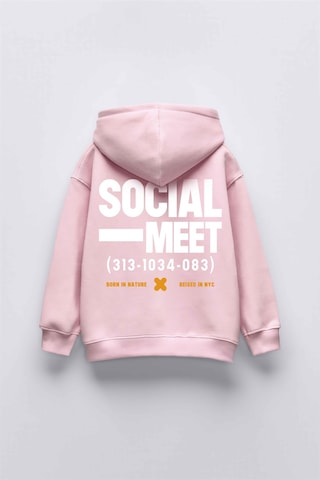 Kız Çocuk Socıal Meet Baskılı Kapüşonlu Manşetli Sweatshirt Pembe