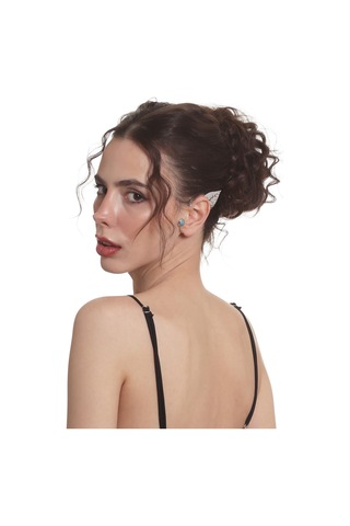 Kadın Gümüş Renk Lak Kaplama Taşlı Dokulu Yaprak Stilizesi Sol Kulak Earcuff & Kıkırdak Küpe Çok Renkli