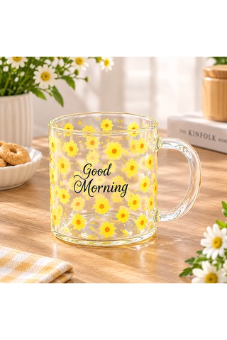 Çemi 6 Adet Borosilikat Cam Kupa 'good Morning' Yazılı Papatya Desenli Isıya Dayanıklı Cam Kahve & Çay Kupası Seti Şeffaf