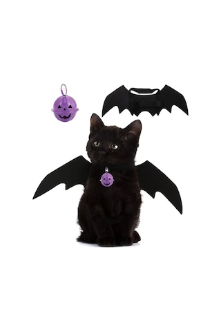 Willowhaven Siyah Kedi Yarasa Kanatları Kostümü 2li Set - Yumuşak Polyester Halloween Evcil Aksesuar