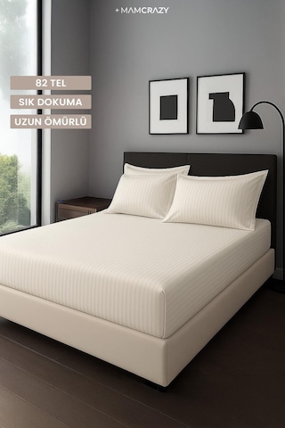 Satin Stripe %100 Pamuk Saten Tek Kişilik Çizgili Lastikli Çarşaf Seti Yastıklı 120x200+30 Bej