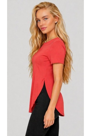 Hazego Kadın Yırtmaç Detaylı Viskon Kumaş Bluz Nar Çiçeği