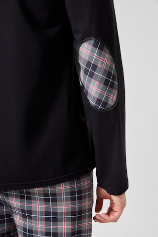 Erkek Pamuklu Uzun Kollu Yamalı Ekose Desenli Pijama Takımı Ko60104 Siyah - Kırmızı