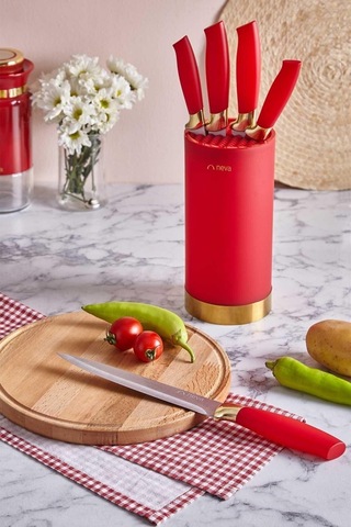 N3242 Pitaya Silindir 6 Lı Bıçak Seti Gold- Kırmızı Altın- Kırmızı