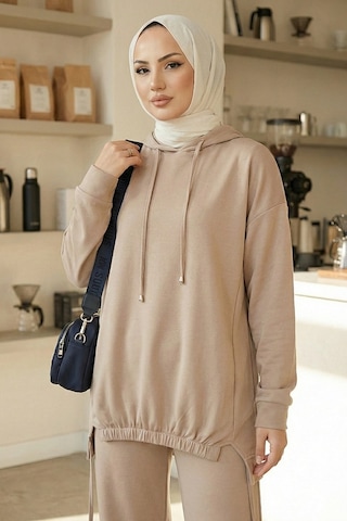 Bestenur Kapüşonlu Tunik Pantolon Takım 1682 - Vizon Vizon