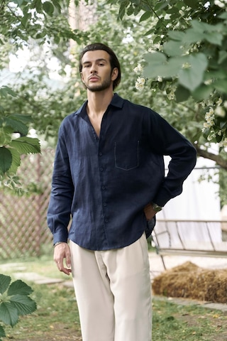 Mai Collection Mai Studios Co. Ombretta Lacivert Keten Oversize Erkek Gömlek Lacivert