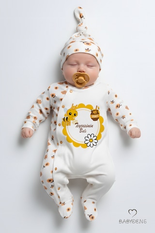 Babyden's Teyzesinin Balı Yazılı Yenidoğan Bebek Tulumu Şapka Seti Arı Desenli %100 Pamuk Çıtçıtlı Bebek Tulum Ekru