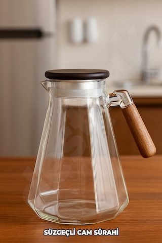 Süzgeçli Cam Sürahi - Akasaya Kapaklı Ve Saplı - Detoks Sürahisi - Contalı Kapak