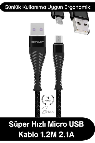 Şarjkablo Süper Hızlı Destekleyici S61 Micro Usb Kablo 1.2m 2.1a Hızlı Şarj Veri Aktarım Naylon Örg Siyah