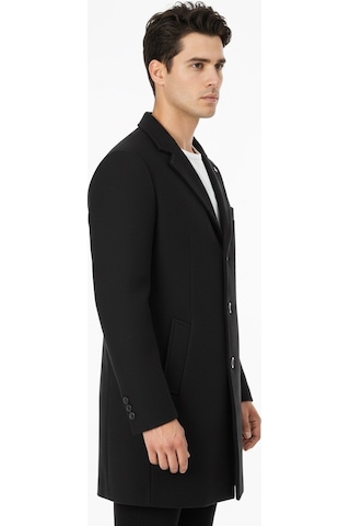 Süvari Slim Fit Sivri Yaka Erkek Koyun Yünlü Kaban Siyah