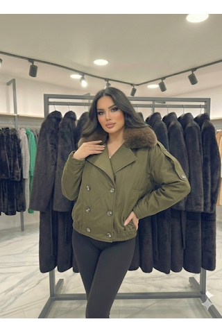 Ribana Classic Kadın Kürk Yaka Detaylı İçi Astarlı Çift Cepli Omuzları Kemerli Beli Lasitkli Ceket Görünümlü Kaban 4901 Haki