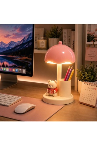 Ayıcıklı Led Masa Lambası Kalemlik Usb Şarjlı 3 Kademeli Ayıcık Kalemlik Telefon Tutucu Altın - Çok Renkli