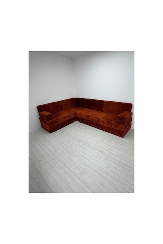 Premium Kadife Kumaş, Konforlu Yer Kanepesi ,modüler Şark Köşesi Takımı - Kiremit - 40 Cm- L Set Turuncu