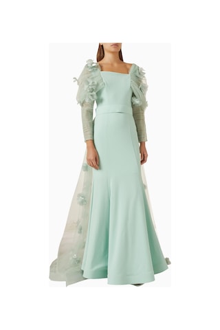 Ac By Aanchal Chanda 3d Floral - Applique Çiçek Aplikeli Uzun Kuyruklu Kadın Elbise Yeşil