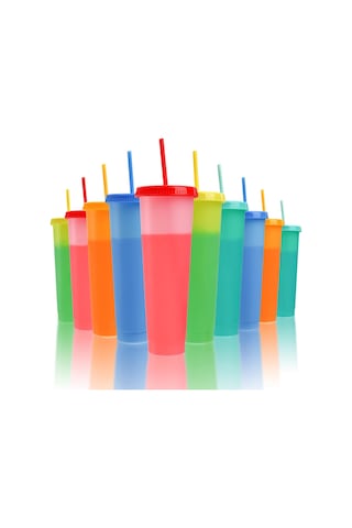 Skycity 10 Adet Renk Değiştiren 24 Oz Sürahile Ve Kapaklı Plastik Bardaklar - Soğuk İçecekler İçin Sızıntısız, Yaz Partileri Ve Toplantılar İçin Çok Renkli Büyük Boy Kupa Seti Diğer