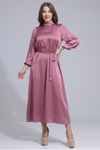 Dorne Moda Kemerli Dik Yaka Uzun Kollu Midi Boy Saten Elbise - Düğün - Mezuniyet - Ofis Şıklığı Pembe Pembe