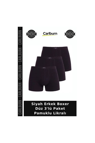 Carlburn Özel Seri Siyah Erkek Boxer Düz 3'lü Paket Pamuklu Likralı İç Giyim Temel Yumuşak