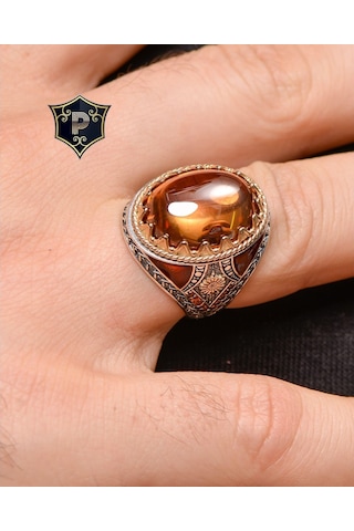 Gümüş Erkek Yüzük Şampanya Topaz Taşlı Zirkon Taş Süslemeli (537125177)