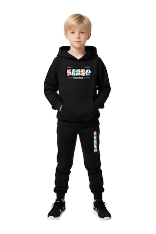 3 Lü Erkek Çocuk Baskılı Kanguru Cepli Kapüşonlu/sıfır Yaka Eşofman Takımı Siyah